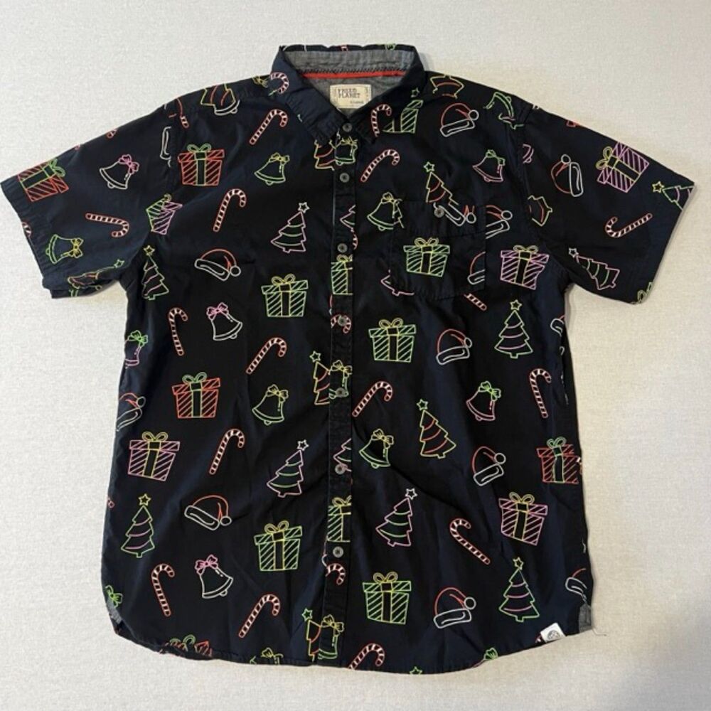 Free Planet Mens XL Christmas Shirt Black Neon Holiday Print Button Up Cotton